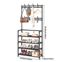 Large Capacity Coat Rack Stand, Metal Hall Tree with 8 Hooks Bag Hat Hanger and Non Woven Fabric Shoe Shelves, Modern Clothes Rack, Versatile 4 Tiers Shoe Rack Bench with Metal Frame for Entryway Hallway Living Room Clothes Drying Rack