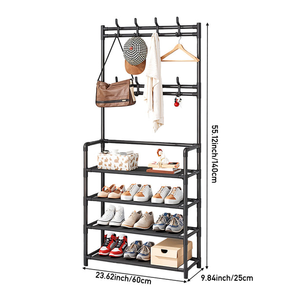 Large Capacity Coat Rack Stand, Metal Hall Tree with 8 Hooks Bag Hat Hanger and Non Woven Fabric Shoe Shelves, Modern Clothes Rack, Versatile 4 Tiers Shoe Rack Bench with Metal Frame for Entryway Hallway Living Room Clothes Drying Rack