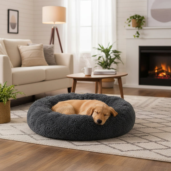 40/50/60/70cm Round Plush Donut Dog/Cat Bed Cuddler Pet Cushion Self-Warming Bed Washable Dog Bed with Non-Slip and Waterproof Bottom Calming Dog Bed