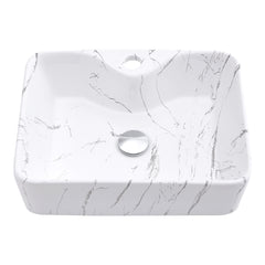 Marble Effect Countertop Sink, Bathroom Basin Sink Vanity Vessel White Ceramic Countertop Rectangular Hand Wash Bowl, Large Bathroom Counter Top Ceramic Wash Basin Cloakroom Sink With Pop-up Waste Drainer Gloss White 480x370x135mm (Tap Not Included)