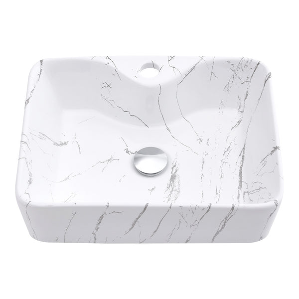 Rectangle Vessel Sink with Faucet Hole, Marble Effect Ceramic Countertop Bathroom Washbasin, Cloakroom Vanity Surface Mounted Ceramic Sink Vessel Washbasin with Pop Up Waste Drainer, Large Basin Sink for Lavatory, Bathroom, Vanity Unit, White Gloss, 480x3