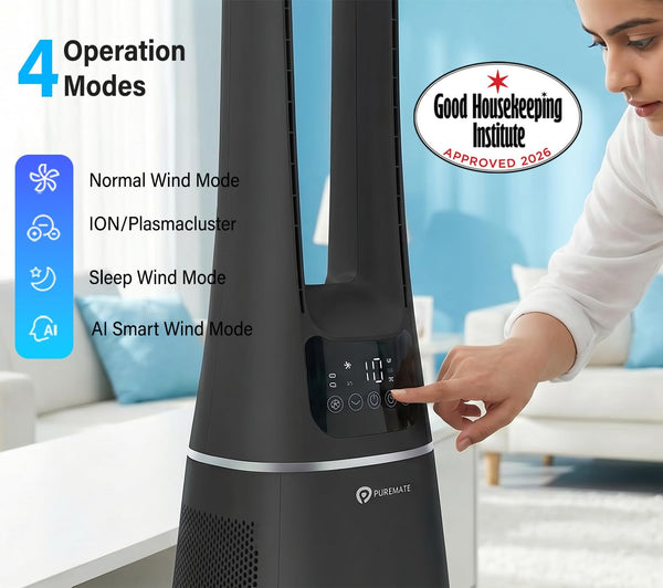 Puremate 2-In-1 Bladeless Tower Fan & Air Purifier with HEPA Filter, 10 Speed Settings, Portable Ultra Quiet Standing Fan with Remote Control, Digital Display, Powerful Air Cooling for Home & Office