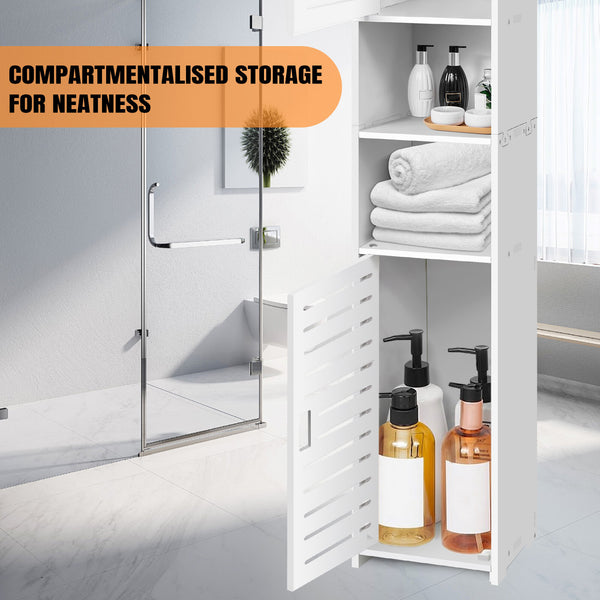 Bathroom Storage Cabinet, Tall Bathroom Cabinet, Slim Storage Cabinet, Freestanding Linen Tower Cabinet with 4 Tier and Door, Easy to Install for Kitchen/Hallway/Bedroom (116x20x20CM)