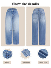 DD Women's 2026 New Stretchy Loose Cropped Jeans, Washed Blue Barrel Denim Trousers, Street Style Ladies' Outfit, Mid-waisted Pantalones with Pockets, 4 Seasons Weared Tummy Control Mom Pants Wide Leg Boyfriend Casual Pants for Travel Work and Office