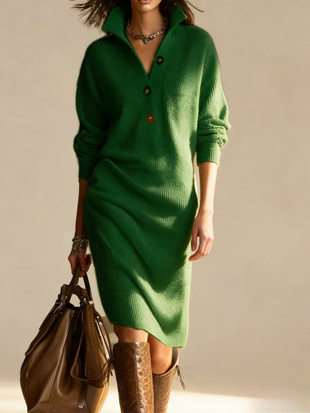 Solid Color Button- Collar Loose-Fit Dress - Straight Tube Mid-Length Dress Suitable for Office, Semi-Formal & Casual Attire - Machine Washable Dress
