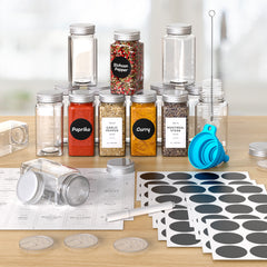 Vinsani 25pcs Glass Spice Jars Set 4oz – Airtight Herb & Spice Storage Bottles with Writable Labels, Dual Shaker Lids & Funnel – Square Empty Jars for Kitchen Cupboard Pantry Organiser