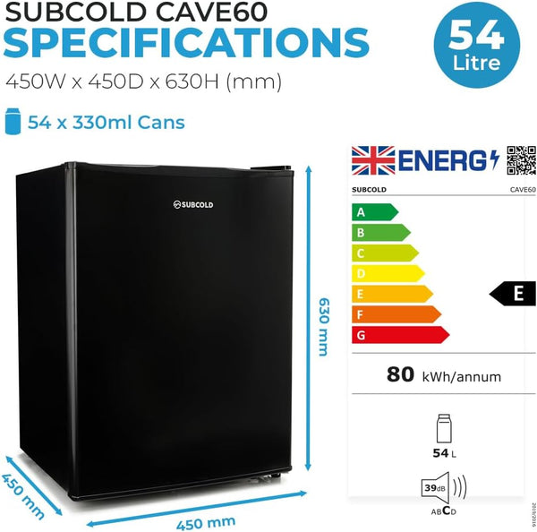 Subcold Cave60 LED Solid Door Beer Fridge for Wine & Drinks | Mini Chiller with Can Dispenser | 54 Cans (Black)