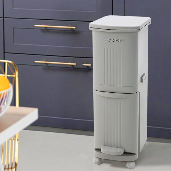 30L Large Dual Compartment Kitchen Bin, 2-Layer Dry and Wet Waste Separation Trash Can with Lid, Slim Space-Saving Design for Home, Office, Outdoor Use, Recycling Solution