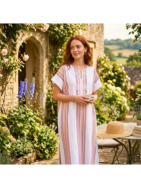 Women Boho Kaftan Dress Long Embroidered Beach Cover Up Lightweight Summer Kaftan Maxi Dress Loose Fit Swimwear Cover Up Holiday Beachwear Gandouri