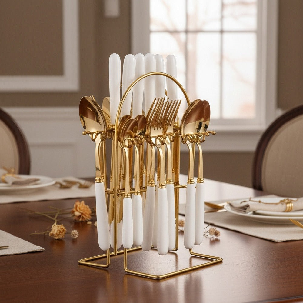 24pcs Stainless Steel Tableware Set with Ceramic Handles, Fork Spoon Set with Utensil Holder, for Home Use/Restaurant, Serves for 6 People