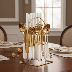 24pcs Stainless Steel Tableware Set with Ceramic Handles, Fork Spoon Set with Utensil Holder, for Home Use/Restaurant, Serves for 6 People