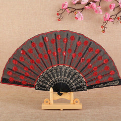 1/ 2pcs Vintage Embroidered Sequins Hand Fan Folding Handheld Fan, for Wedding Party Dance Group Events