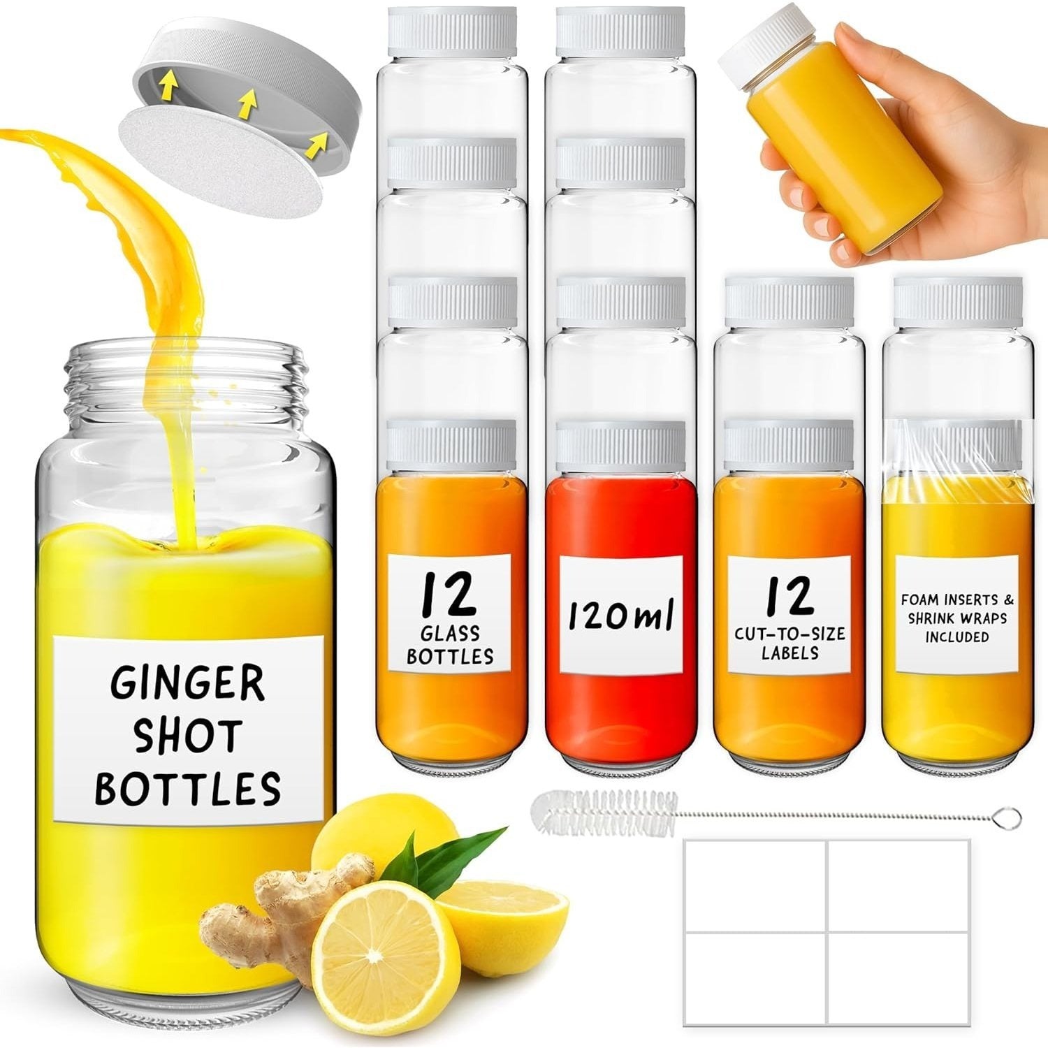 Shot Bottles with Lids - Reusable Glass Shot Bottles with Lids, Funnel, Labels, Shrink Wrap, Cleaning Brush and Extra Foam Insert - Portable and Leakproof