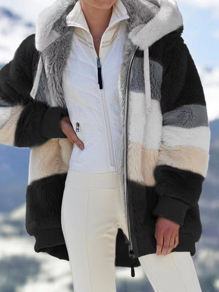 Women's 2025 Autumn Winter Warm Patchwork Hooded Coat - Zip Pockets Loose Fit Oversized Casual Outerwear