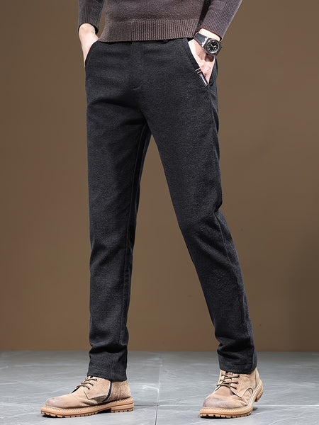 Autumn/Winter Men's Warm Casual Pants, Business Casual Slim-Fit Chenille Trousers, Solid Color