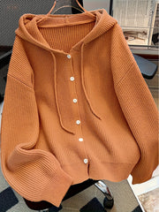 Hooded Button Sweater Cardigan, Spring Autumn Solid Color Casual Simple Open Front Soft Comfortable Elegant Women's Wear