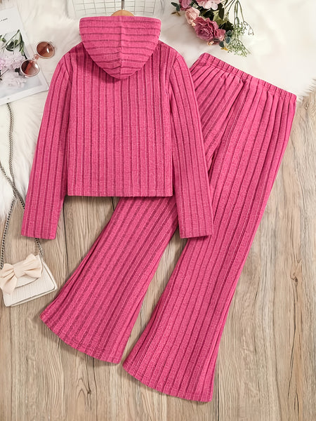 A Set of Women's Ribbed Letter Applique Hoodie and Flared Pants