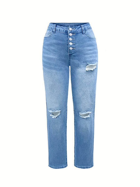 Women's Casual Ripped Hole Straight-barrel Multi-button Pants