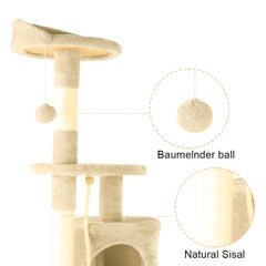 A Luxurious Beige Cat Tree, Super Large And Four Stories High, Featuring a Scratching Post, a Hanging Ball, And a Snug Little House. an Ideal Present for Indoor Cats, This Cat Tower Includes a Litter Area And a Scratching Board