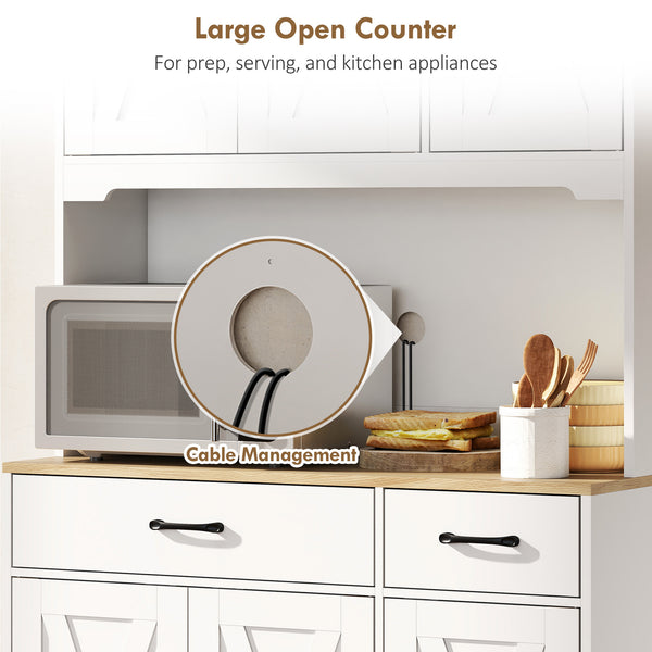 175 cm Tall Kitchen Pantry Cabinet with Microwave Stand, Farmhouse Kitchen Hutch, Freestanding Pantry Cupboard with 2 Drawers, 2 Adjustable Shelves and Cable Management, White