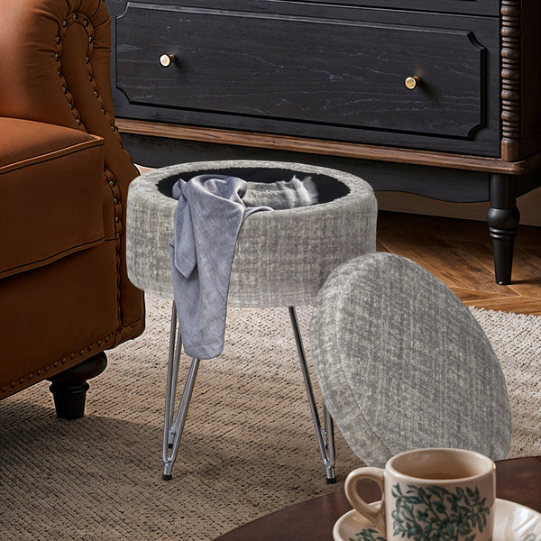 1pc Round Footrest Stool Ottoman with Storage, Makeup Vanity Chair Stool Side Table, Dressing Table Stool with Metal Legs, Couch Stool Portable Space-saving Lounge Chair for Living Room Bedroom Office Kitchen, 38x38x48cm (White)