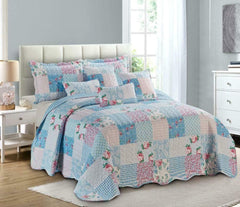 3pcs Patchwork Quilt Set – Floral Blue Reversible Box Pattern with Soft Microfibre Cover & 100% Cotton Filling, Includes Bedspread + 2 Pillowcases – Warm All-Season Bedding for Bedroom & Guest Room