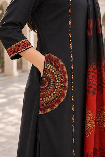 TeamWear* Womens Cotton Embroidered Neck and Dual Pockets Kurta Set with Palazzo and Contrast Dupatta