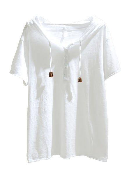 Women's Lightweight Hooded T-Shirt, Short Sleeve Henley V-Neck Top for Summer