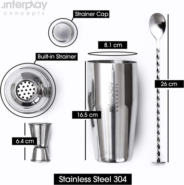 Interplay Concepts 5 Pieces Large 750Ml Stainless Steel Cocktail Shaker Set with Strainer, Jigger and Mixing Spoon, Cocktail Set with Bar Accessories