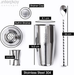 Interplay Concepts 5 Pieces Large 750Ml Stainless Steel Cocktail Shaker Set with Strainer, Jigger and Mixing Spoon, Cocktail Set with Bar Accessories