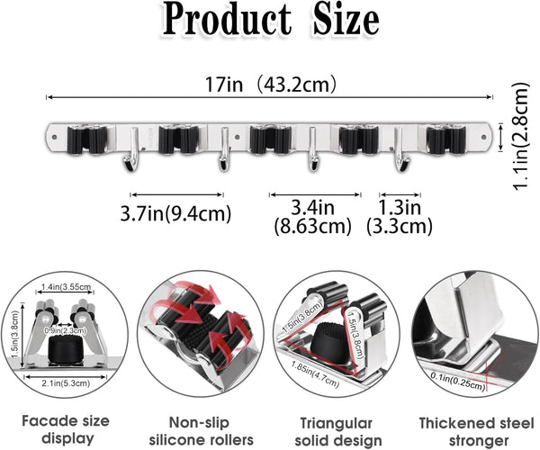 Broom and Mop Holder - Wall Mounted 5 Holders + 4 Hooks with Nails Installation, Stainless Steel, Self Adhesive, Heavy Duty Gripper