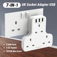 UK Plug Power Outlet with 3 USB Ports & 3250W Max Power - Fast Charging Adapter, Heavy-Duty UK Socket for Home, Office, Travel - Compatible with UK, Qatar, Singapore, Malaysia - Compact Design with Overload & Short Circuit Protection - Ideal for Chargers,