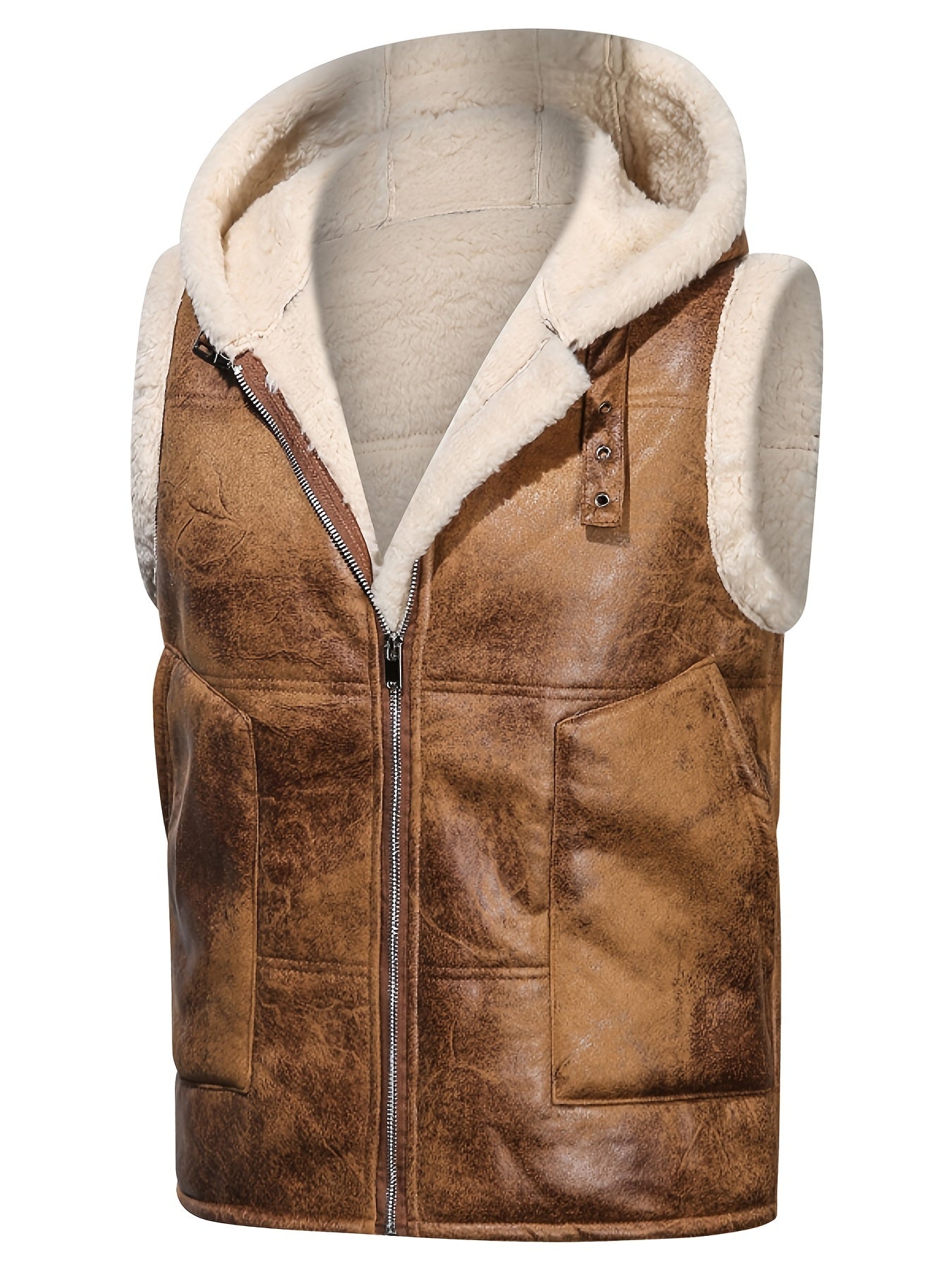 Men's Faux Fur-Lined Hooded Vest, Thickened and -Lined, Fashionable Windproof and Warm Outer Jacket for Men
