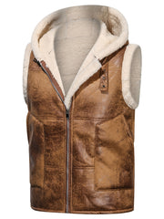 Men's Faux Fur-Lined Hooded Vest, Thickened and -Lined, Fashionable Windproof and Warm Outer Jacket for Men
