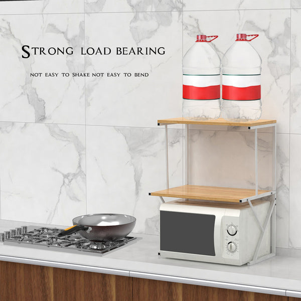 2-Tier Microwave Oven Shelf Stand, Kitchen Countertop Storage Rack Spices Rack Freestanding, Home Office Printer Stand Multifunctional Unit Shelving Wood Top Metal Frame