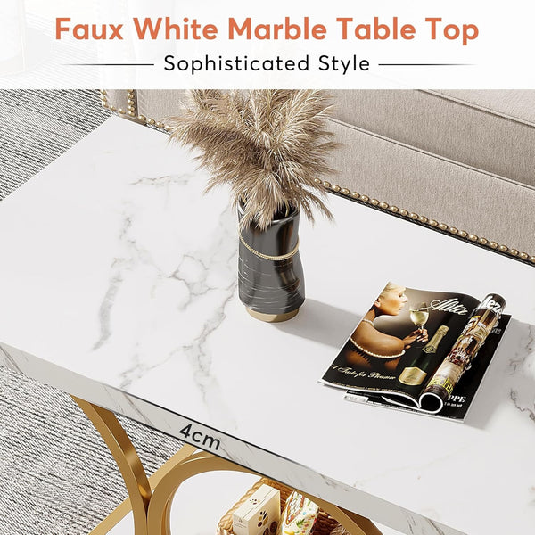 Rectangle Coffee Table, 47.24-inch Modern Coffee Tables for Living Room, 2-Tier Faux Marble Wood Coffee Table with Geometric Legs, Furniture with Storage Shelf (White & Gold)