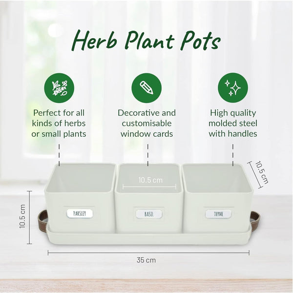 Herb Pots for Kitchen Windowsill - Set of Herb Planter Indoor with Leather Handled Tray - Ideal for an Indoor Herb Garden, Plants and Flowers - Labels Included