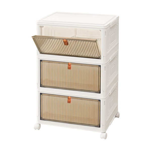3 4 5 Tier Folding Storage Box, Plastic Collapsible Storage Box with Wheels, Stackable Storage Boxes with Lids and Front Opening Door Stackable Storage Boxes with Lids, 4 Wheels, Sturdy PP Matterial, Foldable Plastic Storage Unit for Toys/Office Supplies/