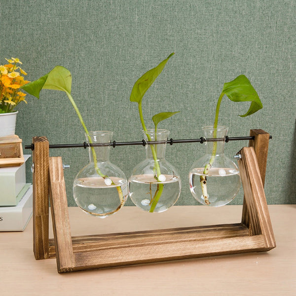 Multi-Tube Plant Propagation Station with Wooden Stand & Metal Swivel Holder, Desktop Retro Plant Terrarium Bulb Vase for Indoor Hydroponic Flowers, Tabletop Glass Planter Housewarming Gifts for Plant Lovers, 28x13.8cm (3 Tubes)