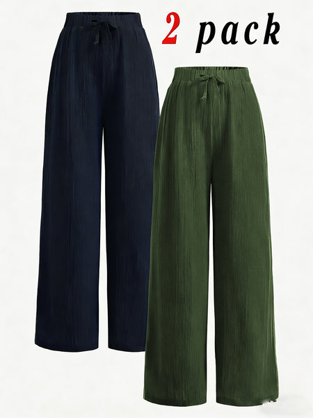 2pcs Women's Wide-Leg Pants with Elastic High Waist Loose Fit Straight Leg + Step