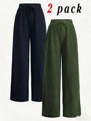 2pcs Women's Wide-Leg Pants with Elastic High Waist Loose Fit Straight Leg + Step