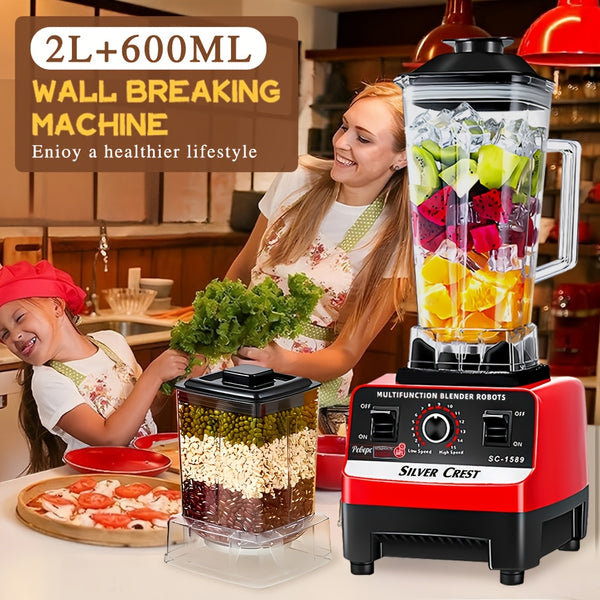 Heavy-Duty 15-Speed High-Power Blender Set with 2L+600ml Large Capacity, 6-Blade Motor & Automatic Juicer/Slushy Machine - Multifunctional Food Processor for Smoothies, Food, Ice Crushing, Shakes, Purees - Plug (220-240V)