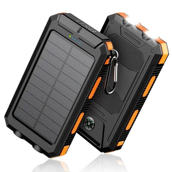 2pcs 20000mAh Portable Solar Power Bank, Portable Solar Mobile Phone Charger, Camping External Battery Charger for Mobile Phones, 2 USB/ LED Flashlights with Compass for Outdoor Activities
