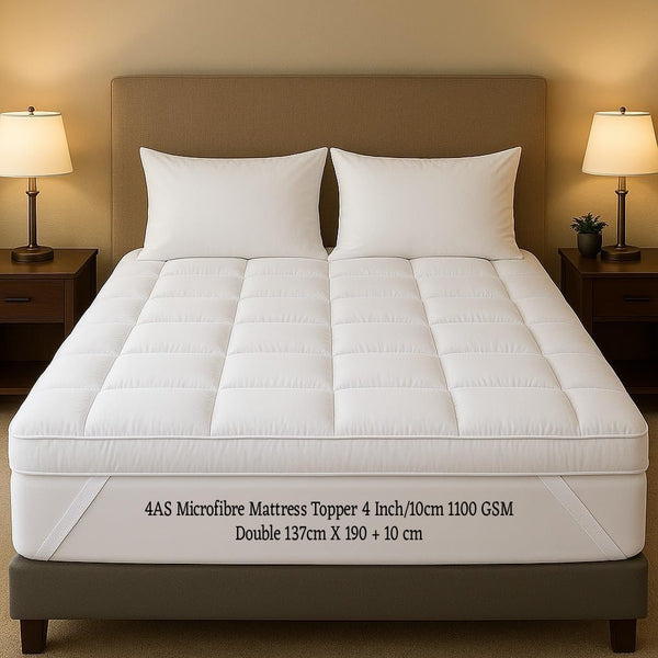 4As Microfibre Mattress Topper 4 Inch/10cm 1100 GSM Heavy Fill Super Soft and Fluffy Hand Filled Single Double King Super King Box Stitched