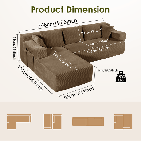 ROXGOX L-Shaped Sectional Sofa with Reversible Chaise, Left or Right Facing Modular Couch, No Assembly Required, Perfect for Small Apartment, Black Borwn Grey