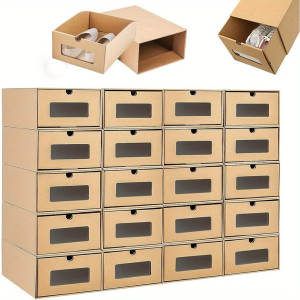 20pcs Shoe Storage Boxes Cardboard Shoe Boxes with Lids 33.5x23x13cm Shoe Organizer Containers Stackable Drawer Foldable Shoebox with Visible for Shoes File Dress or Toys