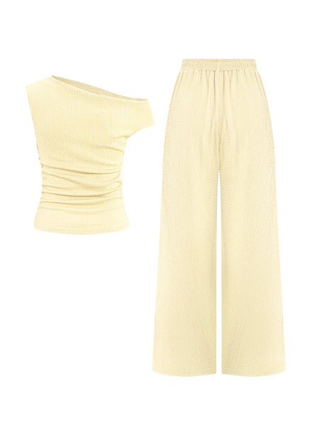 KatchMe Women's 2-Piece Outfit - Sloping Shoulder Top & Wide Leg Pants Set, Shirred Detail Matching Coord, Minimalist Solid Color Two Piece