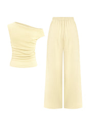 KatchMe Women's 2-Piece Outfit - Sloping Shoulder Top & Wide Leg Pants Set, Shirred Detail Matching Coord, Minimalist Solid Color Two Piece