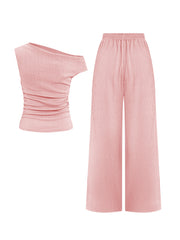 KatchMe Women's 2-Piece Outfit - Sloping Shoulder Top & Wide Leg Pants Set, Shirred Detail Matching Coord, Minimalist Solid Color Two Piece