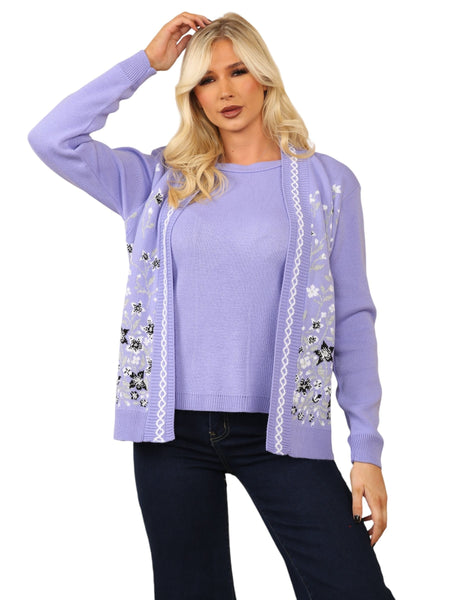 Ladies Twin Set Floral Sweater Womens Knitted Tank Top Cardigan Jumper